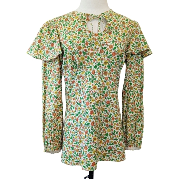 Vintage 70s Prairie Handmade Floral Flutter Sleeve Top Ditsy - Picture 1 of 15